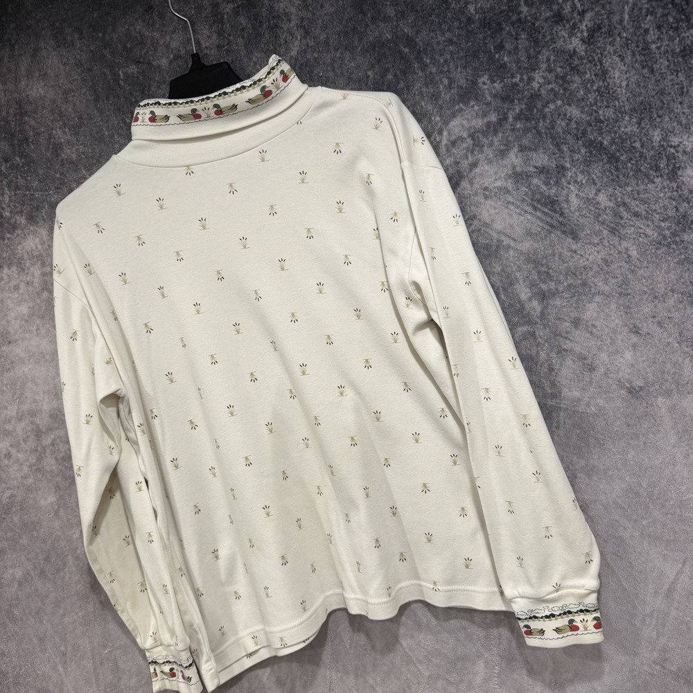 Vintage Orvis Women’s XL Mock Neck Pullover Cream Floral Duck Print Long Sleeve